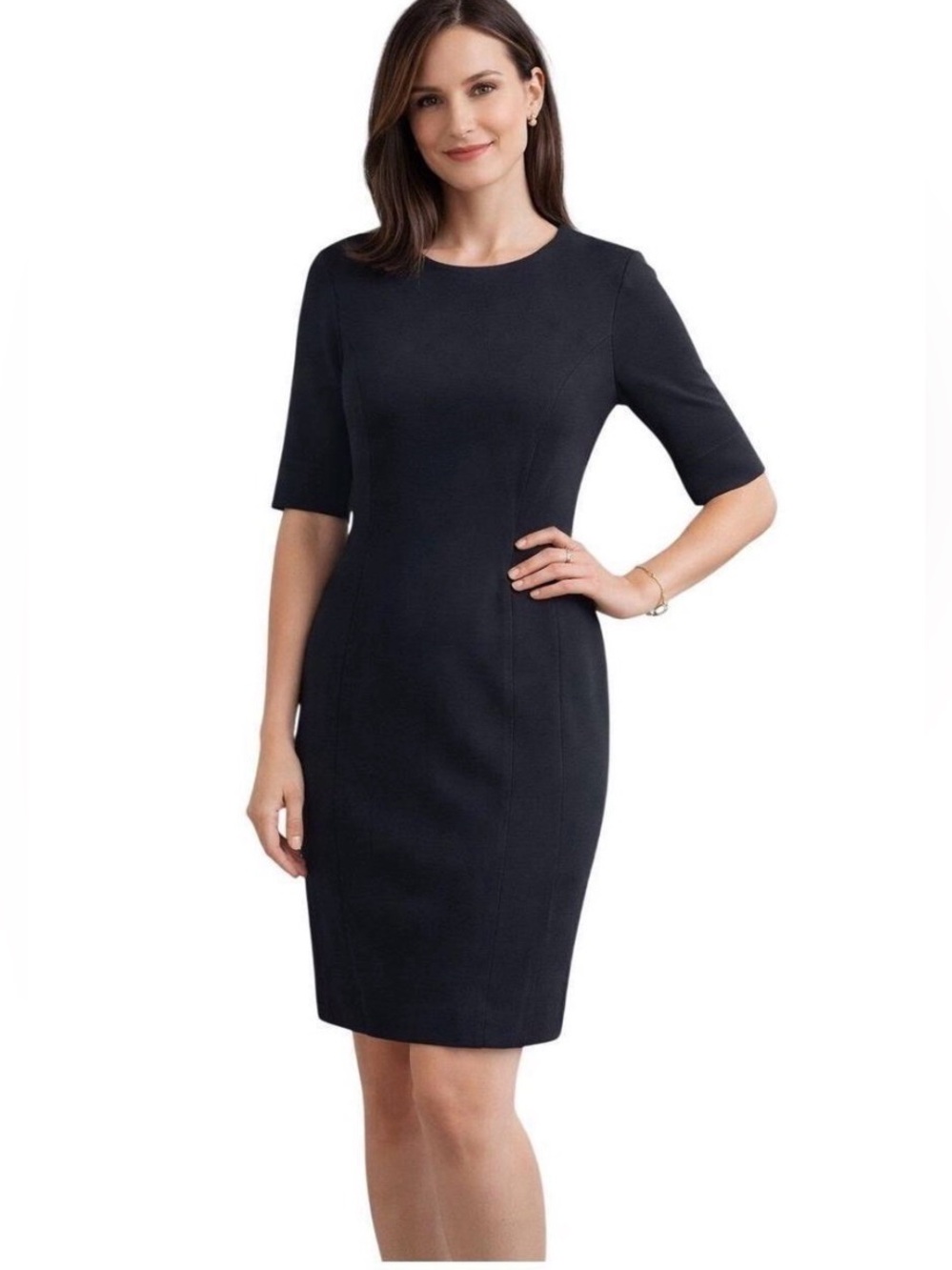 M.M. LaFleur Black Sheath Dress Sz 14 Long Sleeve Notched Back Career